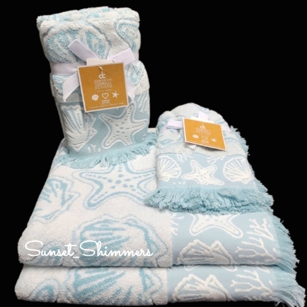6pc Deborah Connolly Coastal Starfish Scalloped Seashell Bath Hand Tip Towel Set - Picture 1 of 10